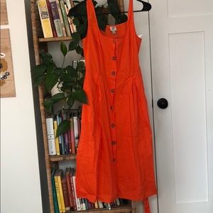 Bright red button down midi dress